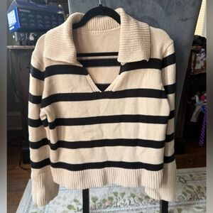Cream and Black Striped Sweater with Collar and Open Wrists
